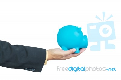 Businessman Hand Holding Piggy Bank On White Background Stock Photo