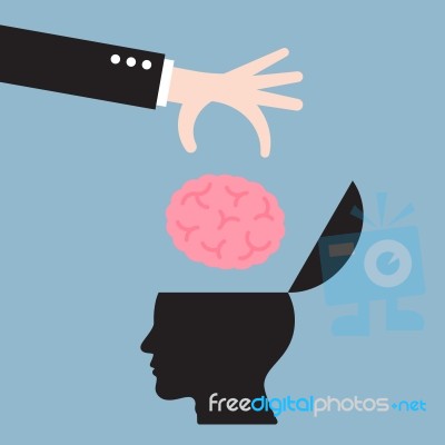 Businessman Hand Put Brain In Human Head Stock Image