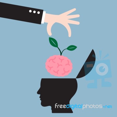 Businessman Hand Put Brain Plant In Human Head Stock Image