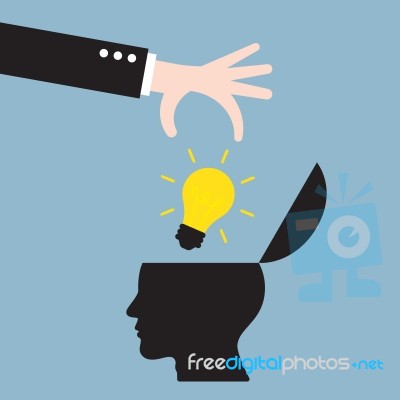 Businessman Hand Put Bright Light Bulb In Human Head Stock Image