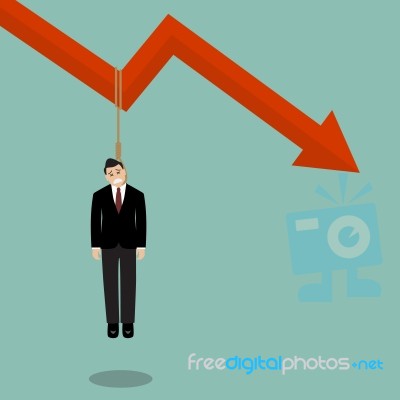 Businessman Hang Himself On A Graph Down Stock Image