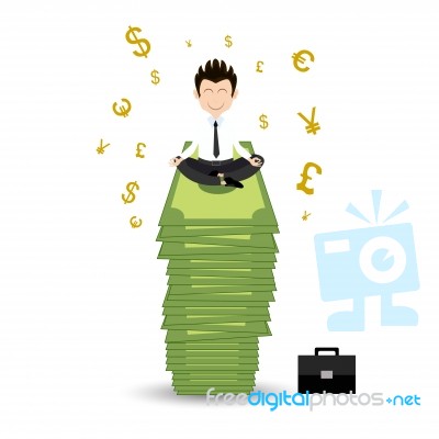 Businessman Happy Sitting In Lotus Posture On Money Stock Image