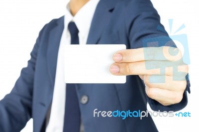 Businessman Hold Business Card By Two Finger At Side Stock Photo