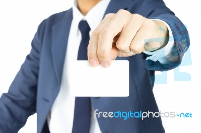 Businessman Hold Business Card Or By Two Finger At Top Stock Photo