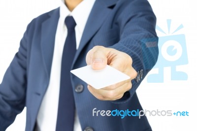 Businessman Hold Business Card Or White Card In 45 Degree View Stock Photo