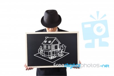 Businessman Holding A Sign Stock Photo