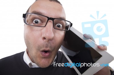 Businessman Holding A Table  And Screaming Stock Photo