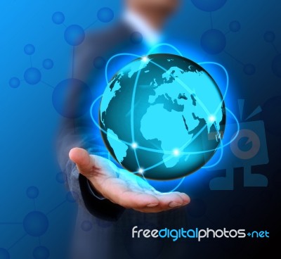 Businessman Holding Business World Stock Photo