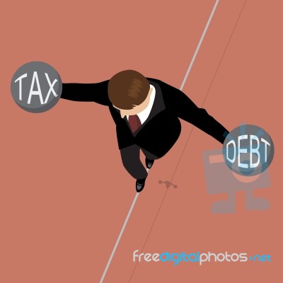 Businessman Holding Debt Weight And Tax Weight On A Wire Stock Image