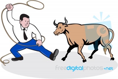 Businessman Holding Lasso Bull Cartoon Stock Image