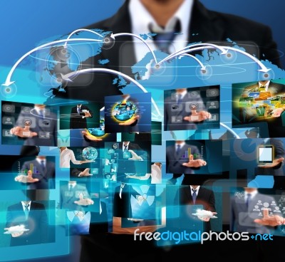 Businessman Holding Reaching Images Streaming In Hands Stock Photo