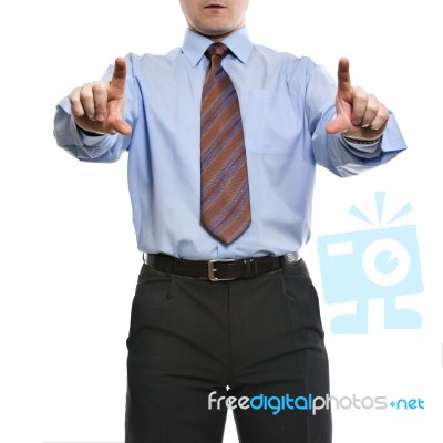 Businessman In Blue Shirt Pretending Like If Holds Something Wit… Stock Photo