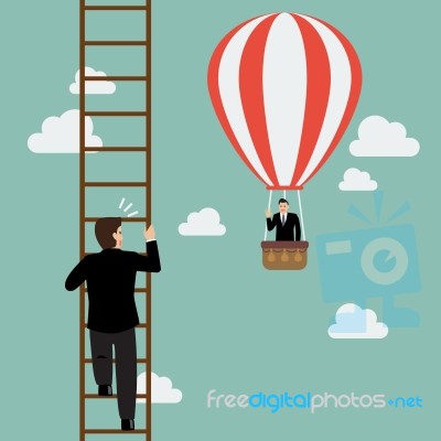 Businessman In Hot Air Balloon Fly Pass Businessman Climbing The… Stock Image