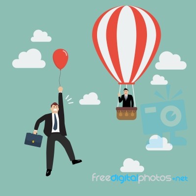 Businessman In Hot Air Balloon Fly Pass Businessman With Red Bal… Stock Image