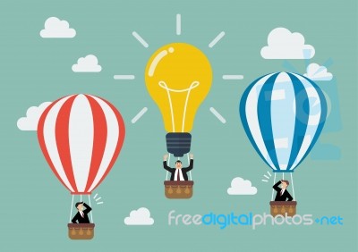 Businessman In Lightbulb Balloon Fly Pass His Competitor Stock Image