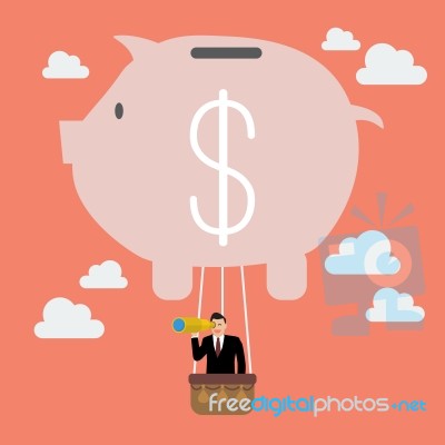 Businessman In Piggy Bank Balloon Search To Success Stock Image