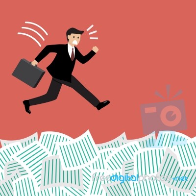 Businessman Jump Into A Lot Of Documents Stock Image