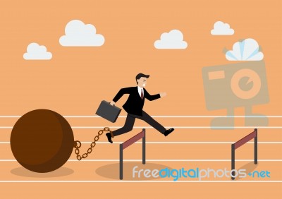 Businessman Jumping Over Hurdle With The Weight Stock Image