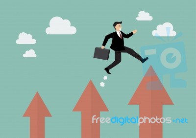 Businessman Jumping Up To A Higher Arrow Stock Image