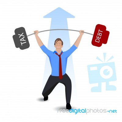 Businessman Lifting Heavy Weight Debt With Tax Stock Image