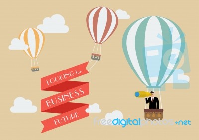 Businessman Looking For Business In A Hot Air Balloon Stock Image