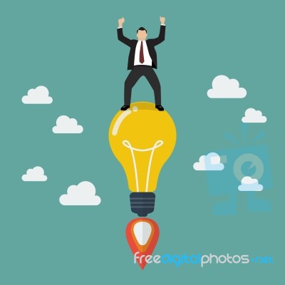 Businessman On A Lightbulb Idea Rocket Stock Image