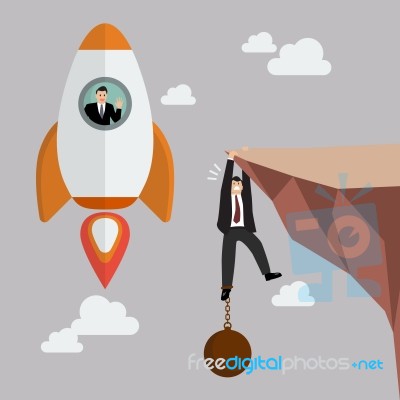 Businessman On A Rocket Fly Pass Businessman Hold On The Cliff W… Stock Image