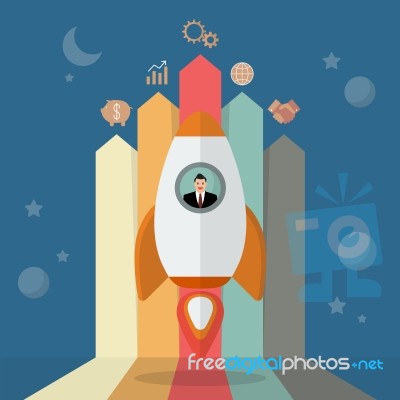 Businessman On A Rocket With Arrow Bar Chart Stock Image