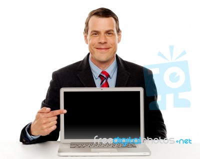 Businessman Pointing At Blank Laptop Screen Stock Photo