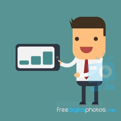 Businessman Presenting Bar Charts On Tablet,  Cartoon Conc Stock Image