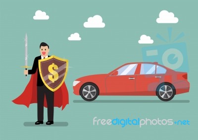 Businessman Protecting Car With Shield And Sword Stock Image