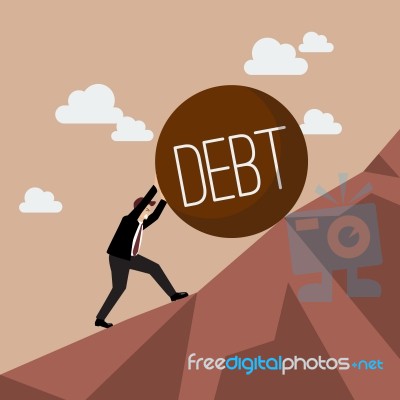 Businessman Pushing Heavy Debt Uphill Stock Image