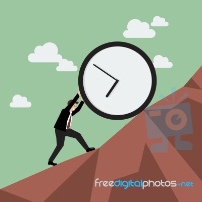 Businessman Pushing Huge Clock Uphill Stock Image