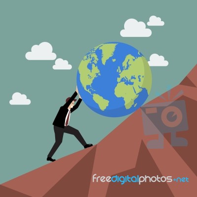 Businessman Pushing The World Uphill Stock Image