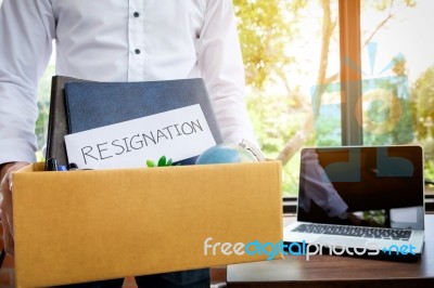 Businessman Resignation Packing Up All His Personal Belongings A… Stock Photo