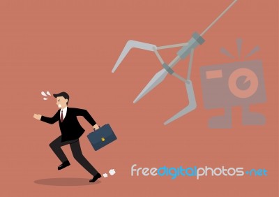 Businessman Running Away From Robotic Claw Stock Image