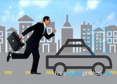 Businessman Running Behind Silhouette Car Stock Photo