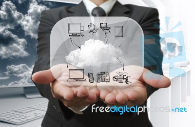 Businessman Show Cloud Network On Glass Board Stock Photo