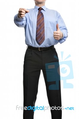 Businessman Showing  Thumb Up And Holding Or Presenting Somethin… Stock Photo