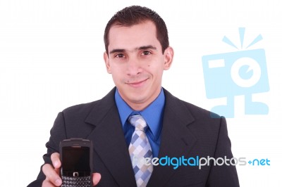 Businessman Shows Phone Stock Photo