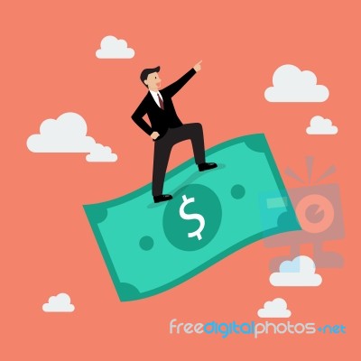 Businessman Standing On A Flying Money Stock Image