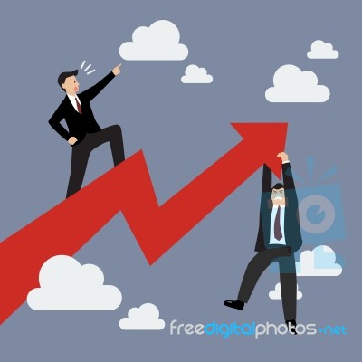 Businessman Standing On A Growing Graph With Businessman Hold On… Stock Image