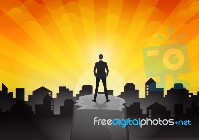 Businessman Standing On The Background Of City, Poster Illustration Stock Image