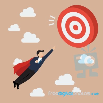 Businessman Super Hero Fly To Big Target Stock Image