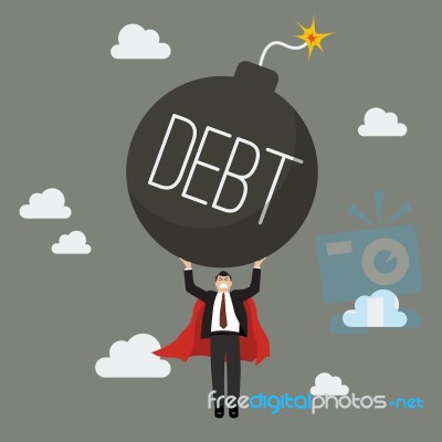 Businessman Superhero Carry Debt Bomb Stock Image