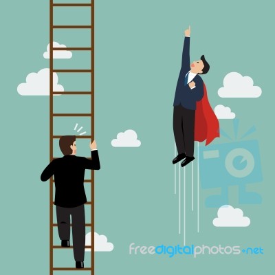 Businessman Superhero Fly Pass Businessman Climbing The Ladder Stock Image