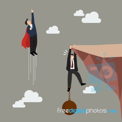 Businessman Superhero Fly Pass Businessman Hold On The Cliff Wit… Stock Image