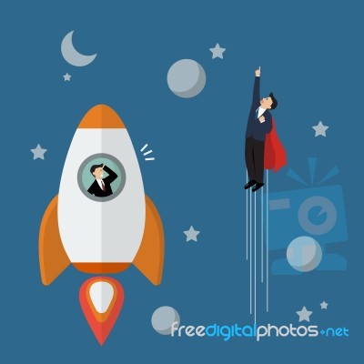 Businessman Superhero Fly Pass Businessman On A Rocket Stock Image