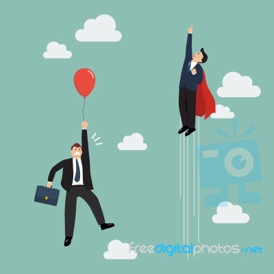 Businessman Superhero Fly Pass Businessman With Red Balloon Stock Image