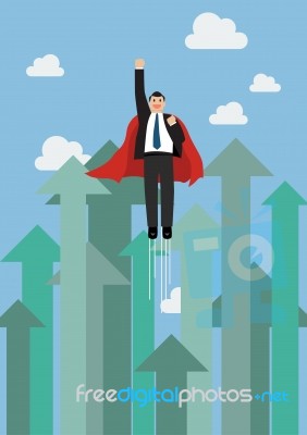 Businessman Superhero Flying Into The Sky Against Growing Up Arr… Stock Image